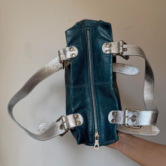 Y2K Francesco Biasia Teal and Silver Leather Shoulder Bag